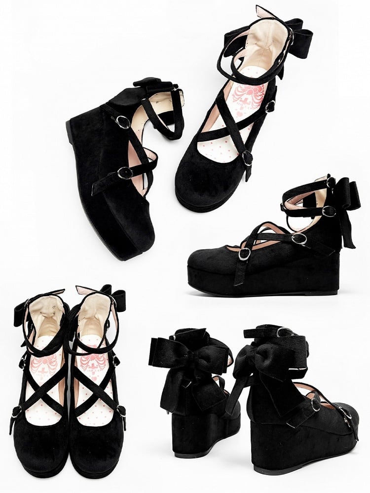 PU - Round Design Black Sweet Bow Wedge Crisscross Platforms Toe Accent