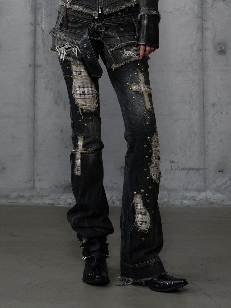 Plaid Distressed Patches Jeans Hem Punk with Frayed Black Wash Cross