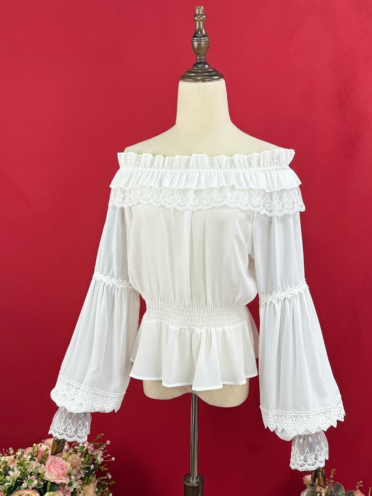 Weiße Chiffonbluse mit elastischem Ausschnitt und langen Ballonärmeln