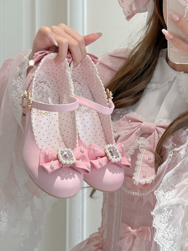 Schuhe Janes Bowknot Strass verziert und rund Mary Lolita Details Perlen Zehen rosa