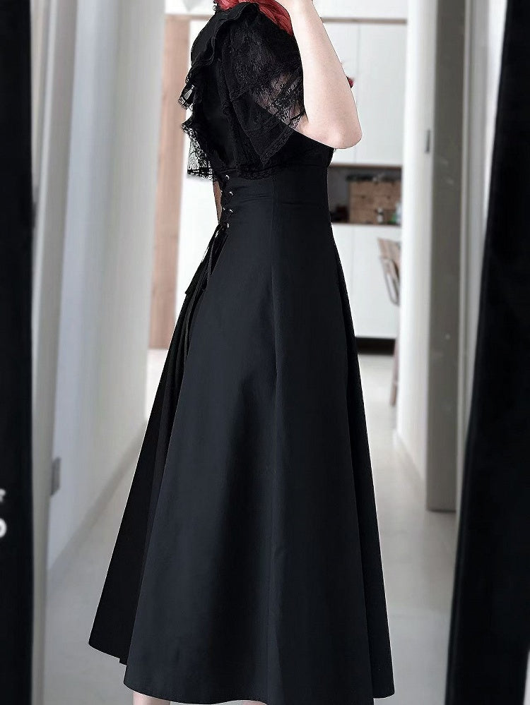 Jirai Kei Black/White Illusion Waist Neckline Ruffled High Lace Dress Trim