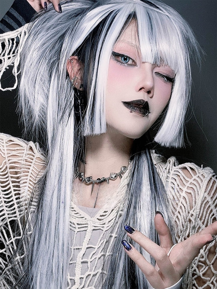 Highlight White Black Length Gothic Straight With And Hime Wig Bangs 80CM Air Cut
