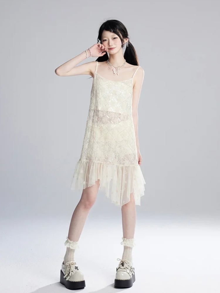 Strapless Hem Cropped Sequins Mesh Slip Dress/Apricot Apricot Semi-sheer Top Star Pattern Asymmetrical