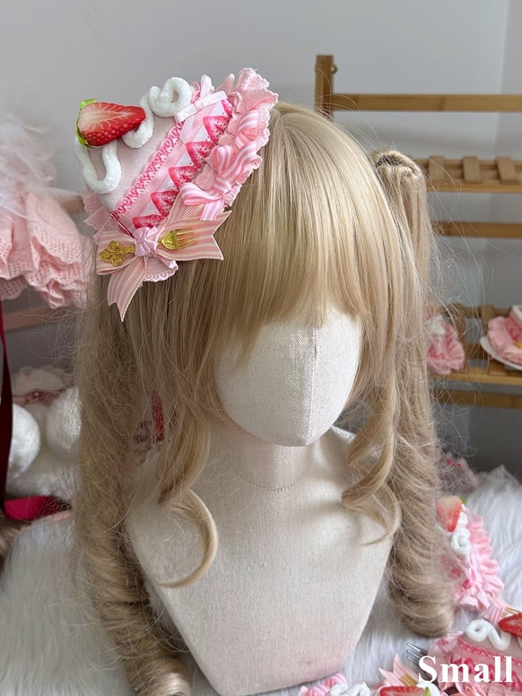 Triangle Print Hat Decoration Sweet Strawberry Mini Cake Bow with Pink Lolita
