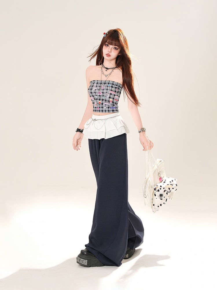 Navy Blue Loose Wide-leg Casual Pants