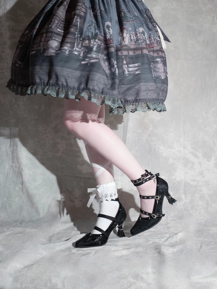 Gothic Black Pointed Toe Lace 8.5cm High Heels Multiple Buckle Straps