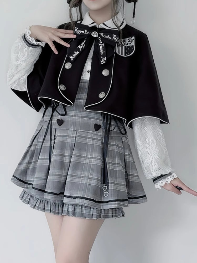 Jirai Kei Graues Set, Peter-Pan-Kragen, hoher Taille, Kellerfaltenrock, kariertes Kleid + Shorts mit Rüschenbesatz und Bündchen