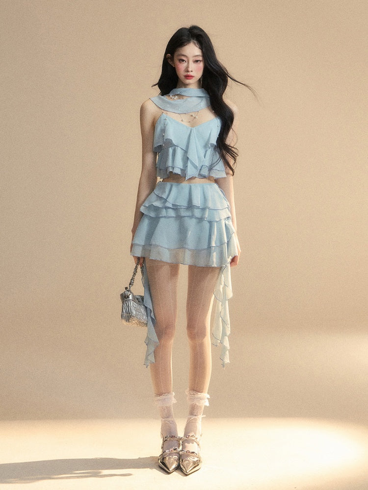 Blue Chiffon Tiered Skirt Mini Asymmetrical Ruffled Hem Slim-fitting