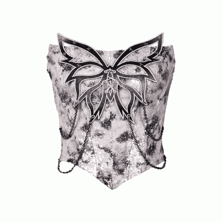 Top Fashion Grey Butterfly Chain Sequins Y3K Fishbone Strapless Cyberpunk Futuristic Silver Decorated