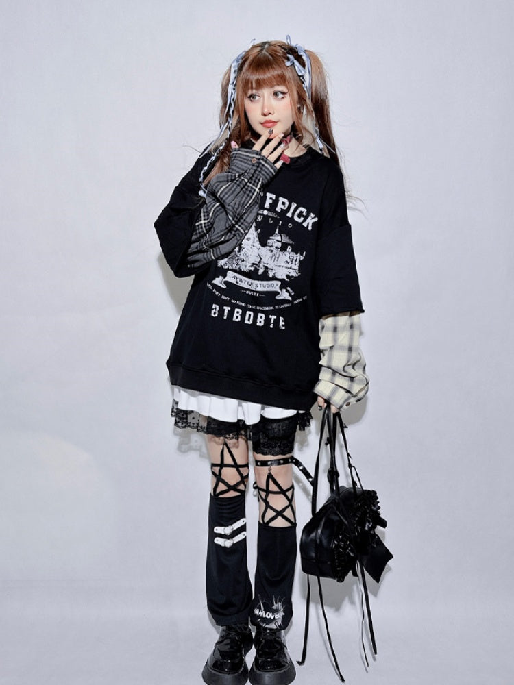 Black Plaid Round Neck Letter Fake Two-piece Sweatshirt