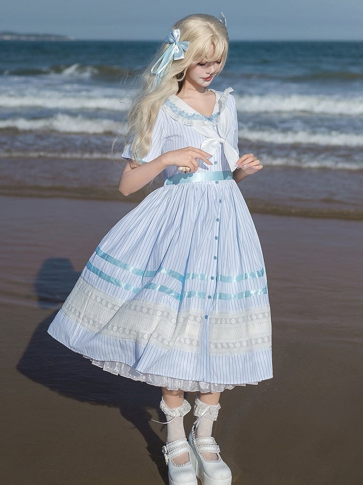 Sailor Pattern Available Plus Blue Lolita Dress Sizes Sea Collar Jacquard Summer Striped Shell