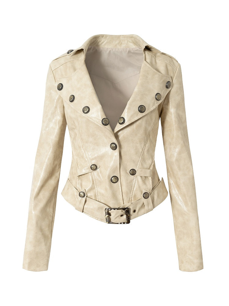 Yellow Belt Rose Jacket with Punk Buckle Embroidery Cropped Tailored Khaki