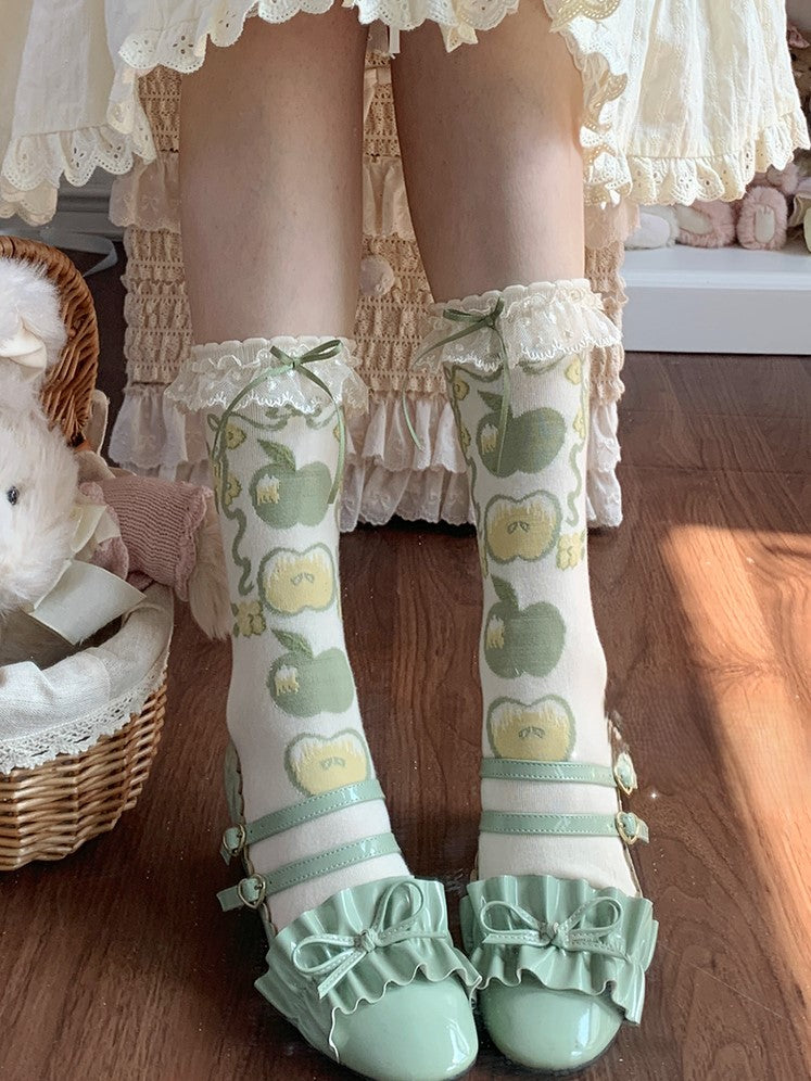 Lolita Calf Trim Sweet Socks Print Lace Apple Green/Red