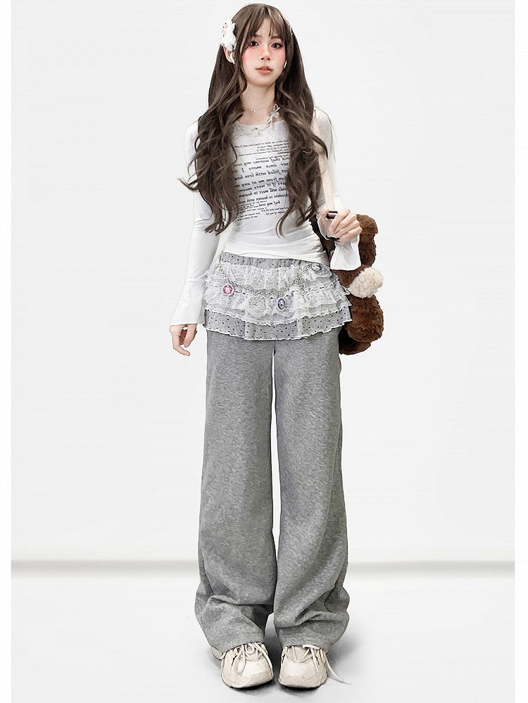Polka-dot Pants Trim Y2K + Lace Skirt Tiered Cut Bittersweet Pattern Gray Wide-leg