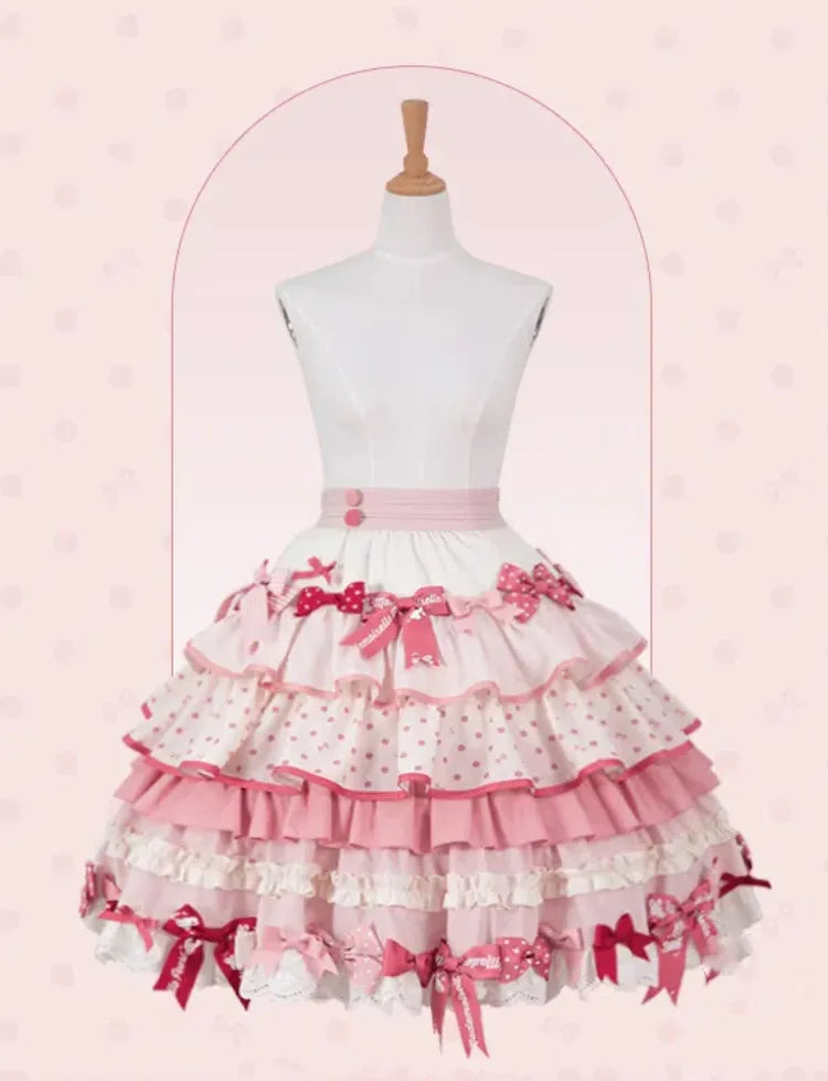 Lolita Sweet Pink Polka-dots Bow Skirt Ruffle Accents Tiered Pattern