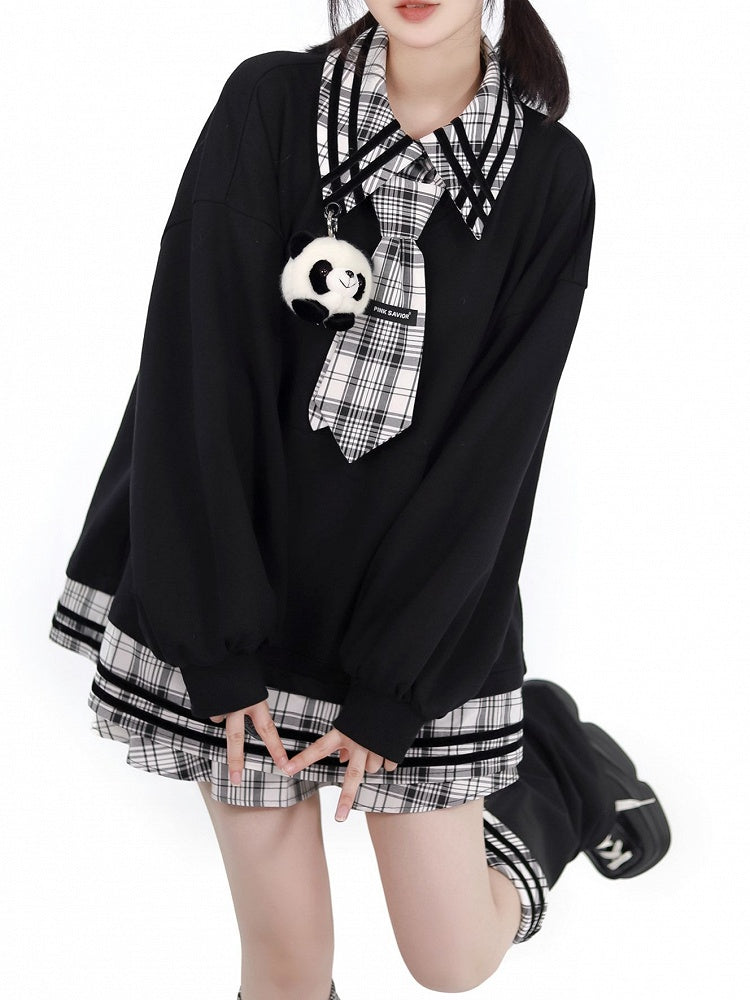 Panda Toy Sweatshirt Black Splicing Plush Plaid with