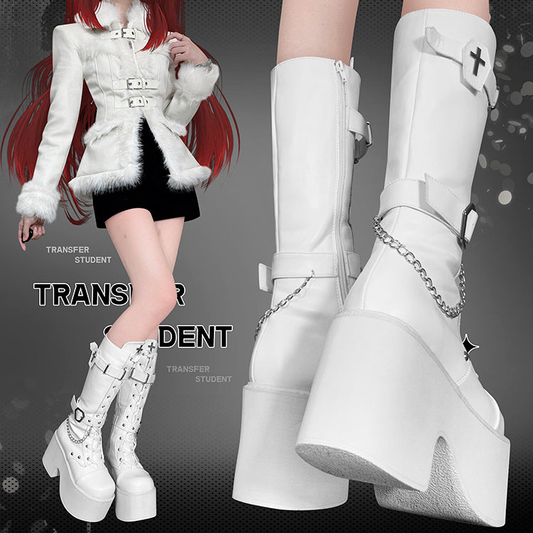 Weiße Gothic Lolita Plateaustiefel mit Sargschnallenriemen und Kreuzdekor