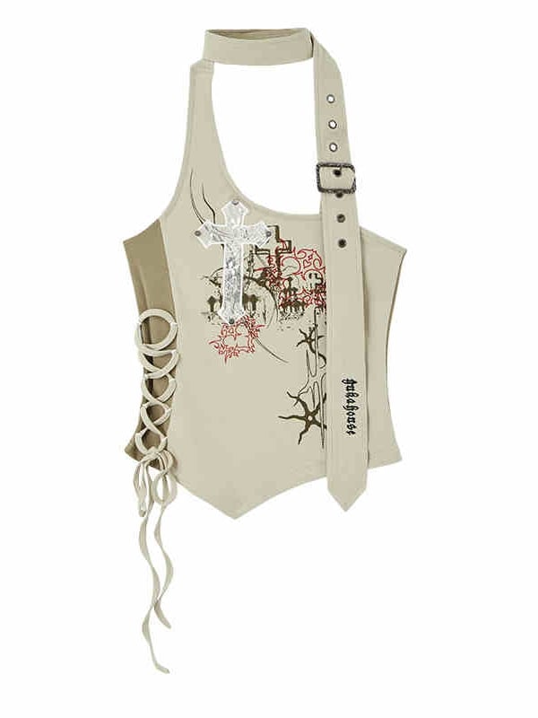 クロスアップリケ アプリコット ホルターネック トップ