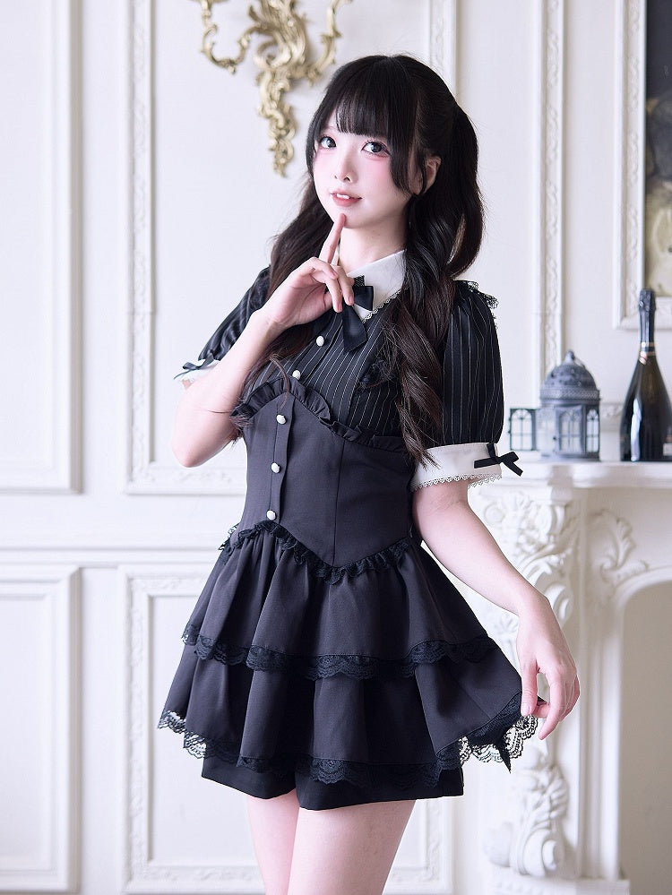 Shorts Faux Two-pieces and Dress Layered Kei Skirt Lace Black Jirai Striped Set- Trim