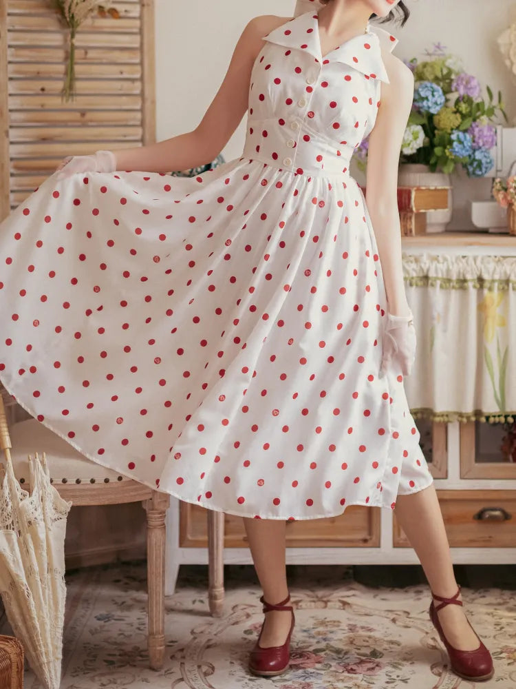 Pattern Polka Dress Dots Bow Halter Big Fashion Retro Print Backless Back Neck