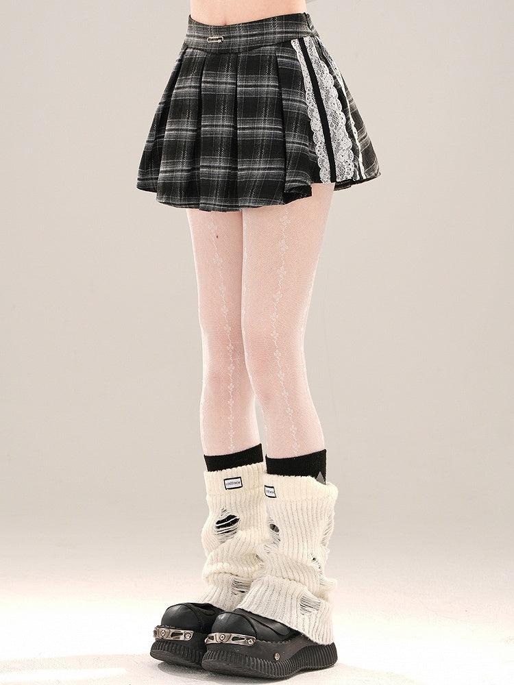 Lace Mini Skirt Accents Pleat Box Plaid Black