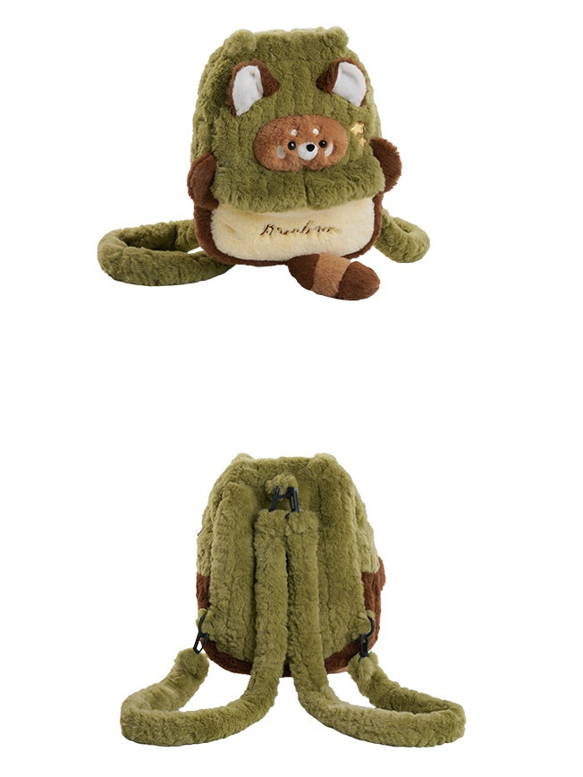 Green And Brown Cute Red Panda Plush Backpack