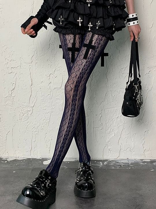 Modische, ausgehöhlte, marineblaue Y2K-Strumpfhose im Gyaru-Design