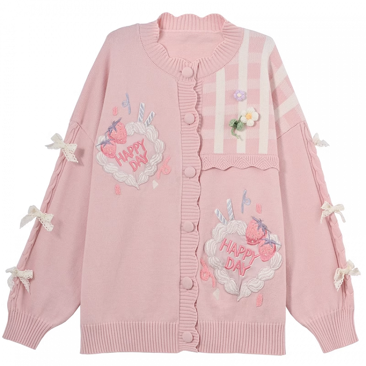 Yume Bowknots Strawberry Cake Embroidery Kawaii Lace Pink Knitted Cardigan