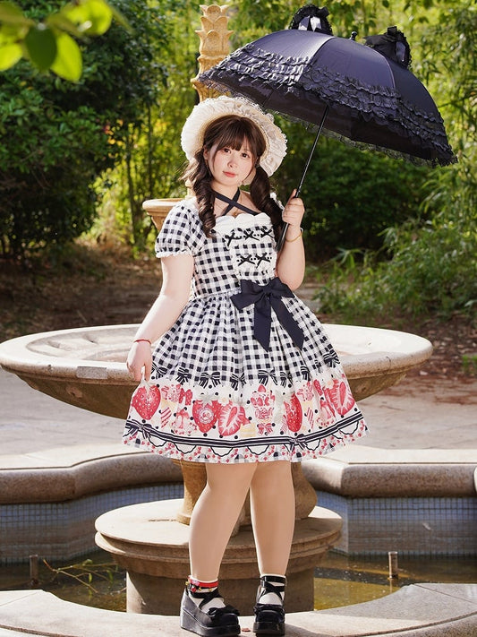 Schwarzer Erdbeerdruck Plus Lolita Gingham und Kleid mit Schleife