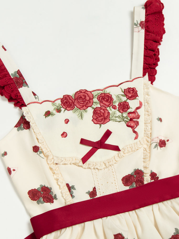 Klassisches Lolita-Teekannenrock-Print in Rot mit gestuftem Rosen-Blumenmuster und Pulloverkleid