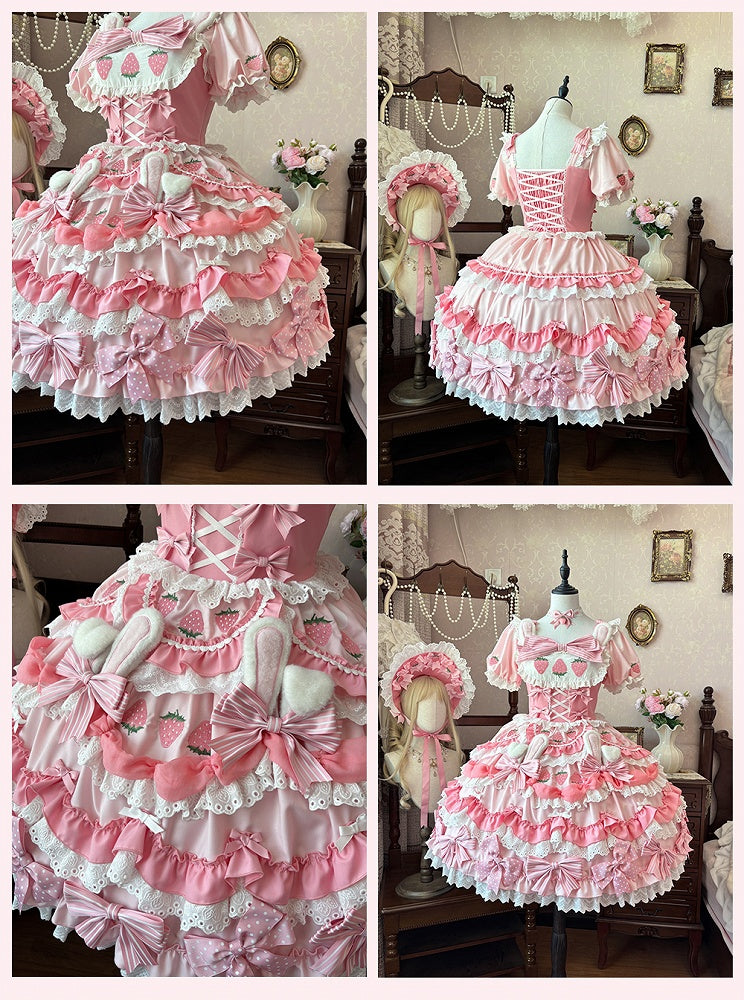 Creamy Strawberry Bunny Pink Bow Skirt Accents Tiered