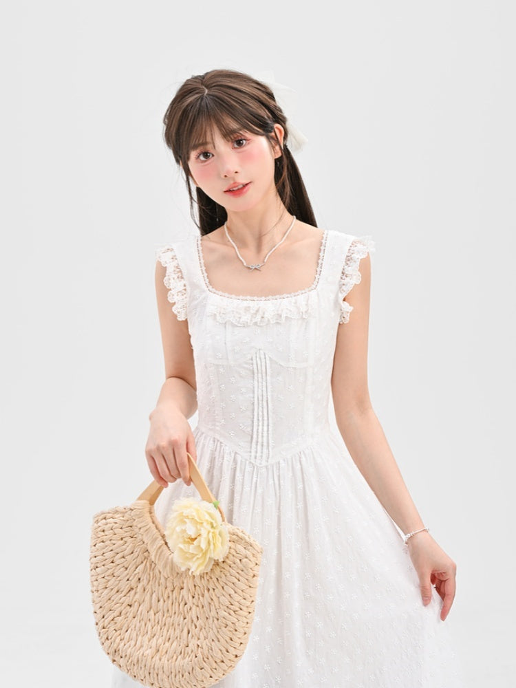 Elegant White Square Neck Flutter Sleeves Lace Sleeveless Self-tie Bow with Dress