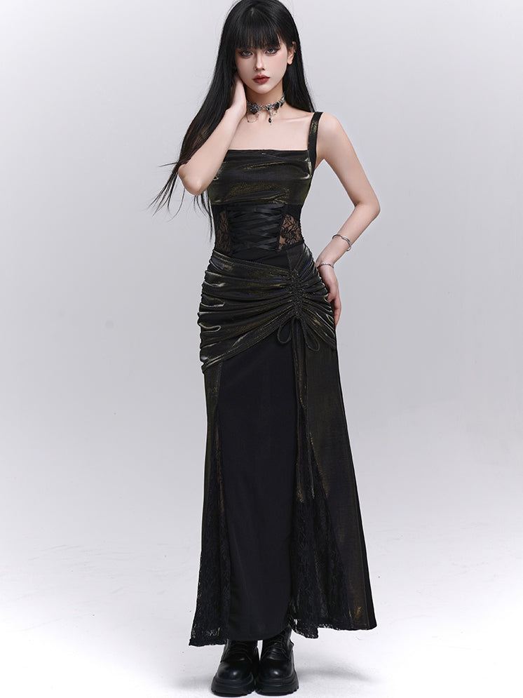 Waist Drawstring Black Lace Hip Sleeveless Dress Patches