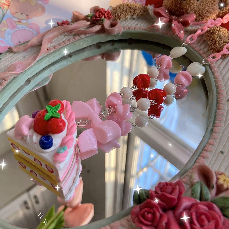 Verzierte rosa Anhänger Kuchen Perlen Halskette Bowknot