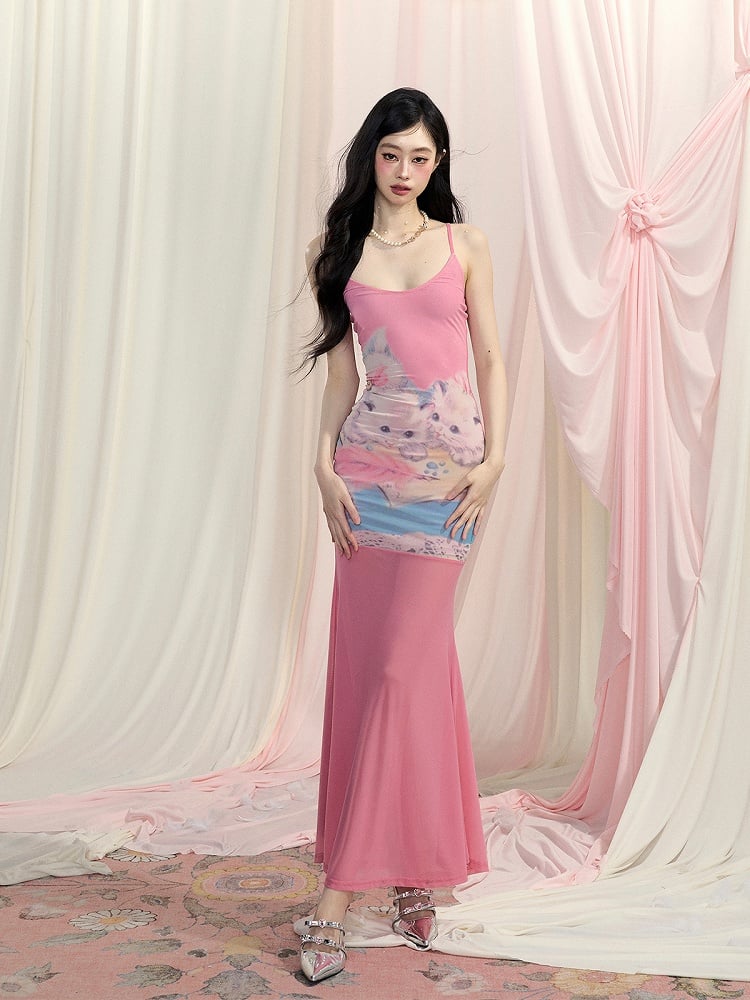 ピンクのキュートな猫柄ボディコンスカート スリップドレス マーメイド