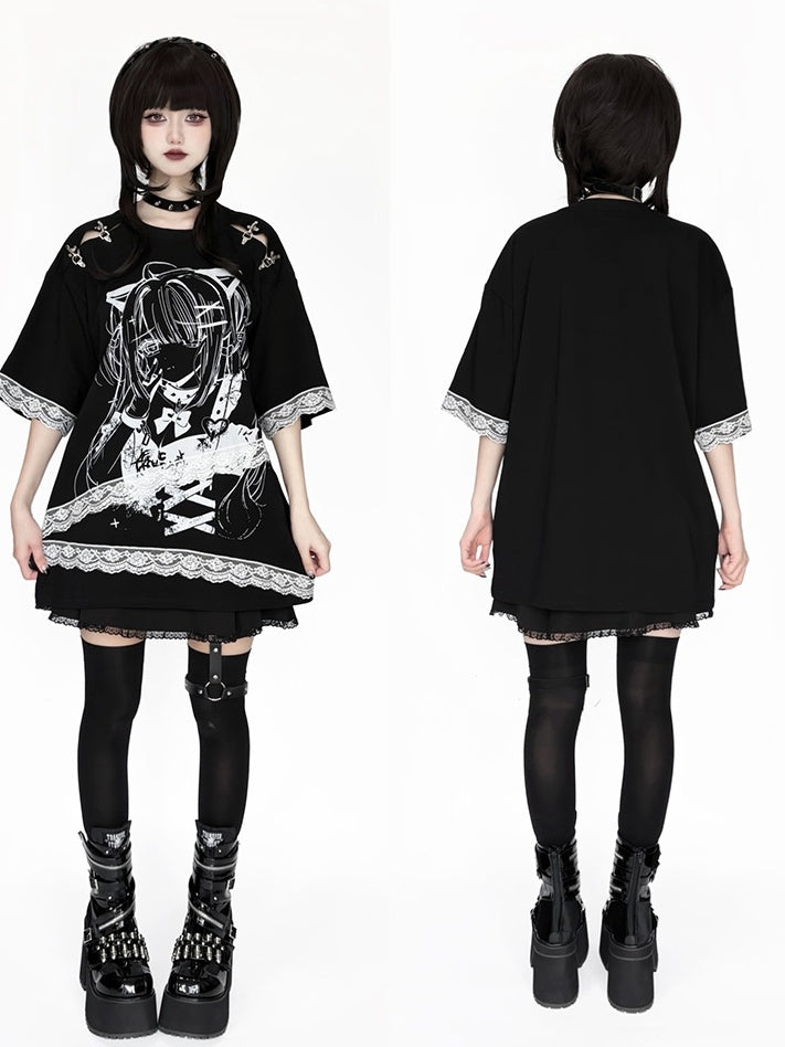 and Fastener Shoulder Anime Girl Graphic T-Shirt Black Decorative Black White / with Lace Embellishment Purple