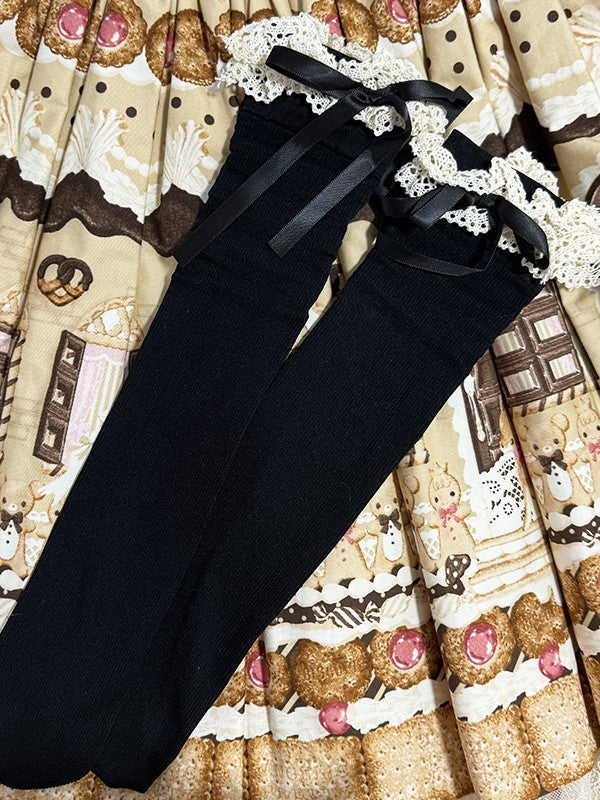 Lace Brown/Black/White Bowknot Calf Lolita Ruffled Socks Cuff Details