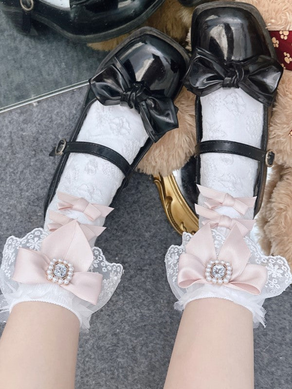Cuffs Socks Rhinestone Bowknot Kei Jirai Lace Calf Details White/Black