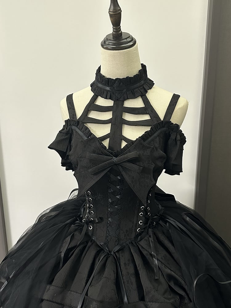 Bow Ovarlay and Gothic Dress Corset Big with Lolita Detachable Skirt Design Black Birdcage Waist Lace-ups