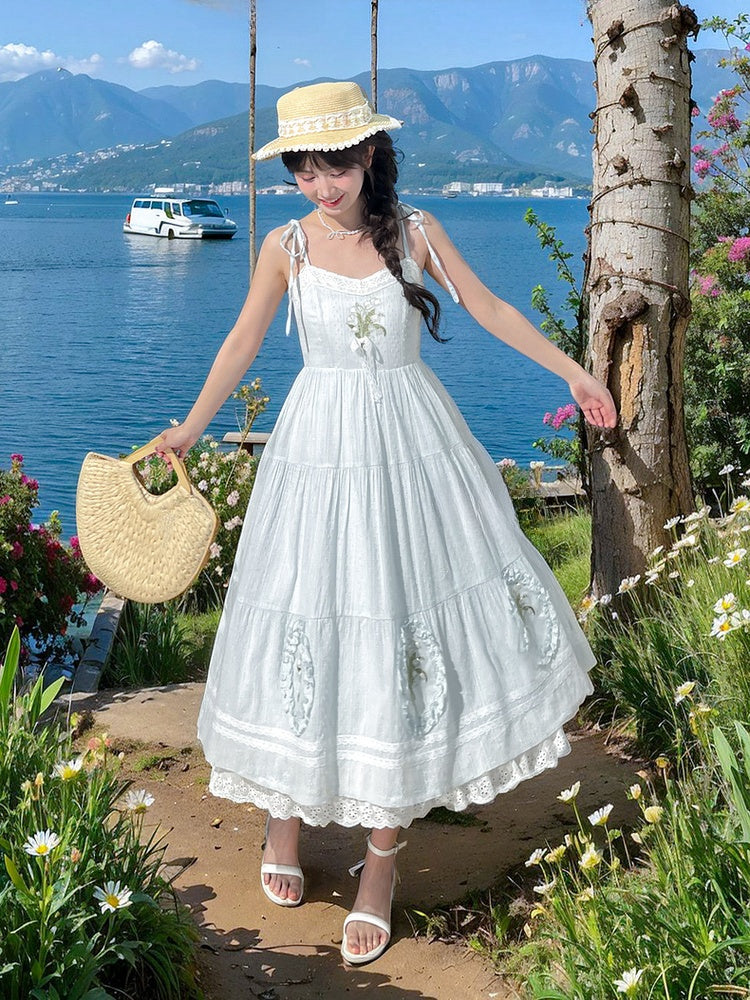 Cami Dress Light Blue Lily of the Valley Embroidered Lace Trim Cutton