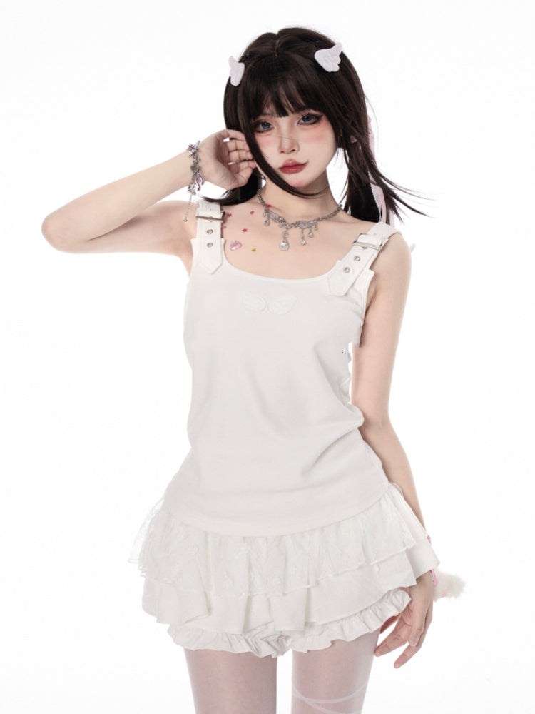 Shoulder White Angel Wings Design Back Tank Top Adjustable Straps