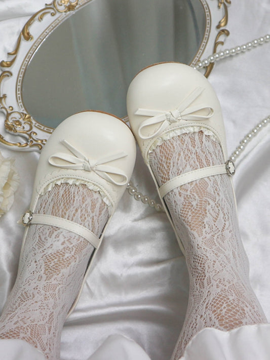 Lolita Beige mit matten Schuhen Schleife Flache runde geknotete Spitze