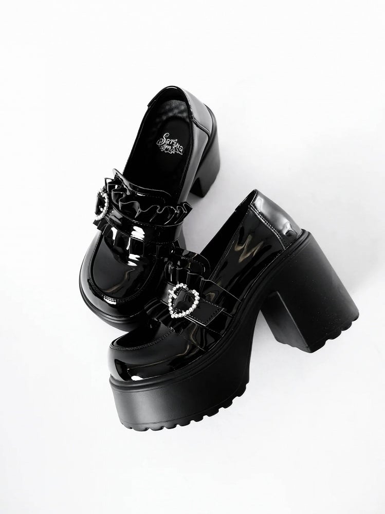 Platform Kei Black Polished Detail Heel Jirai with Sweetheart Loafers 9.5cm Beaded