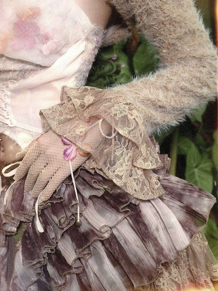 キャメルレースのフリル袖口春ロングスリーブクロップドトップス