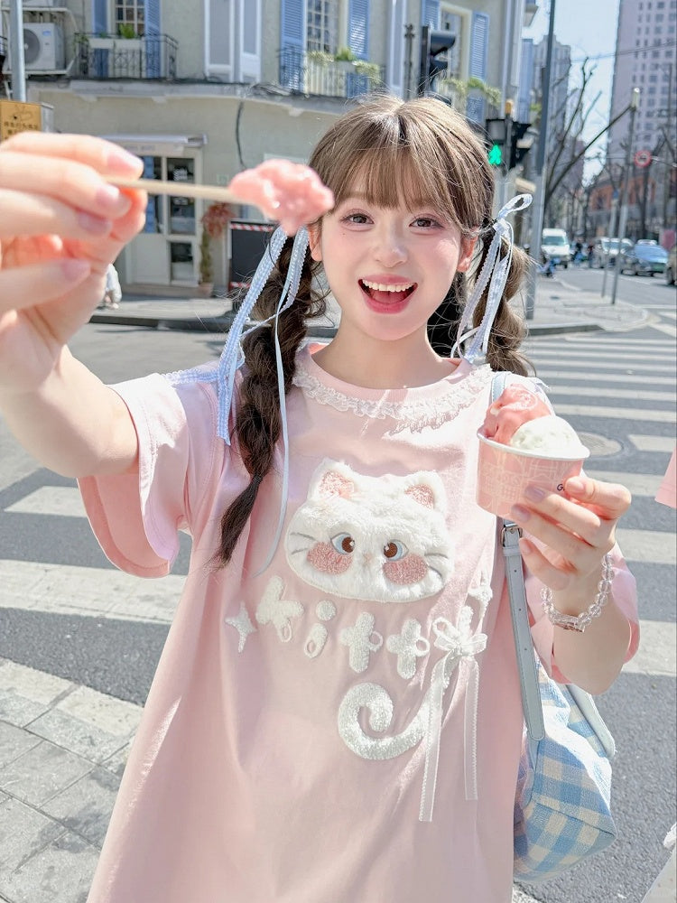 Version T-Shirt Cat Applique Long/Short Pink Plush