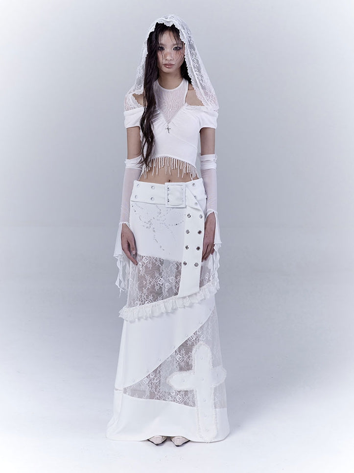 Hood Punk Hem Top with Cropped White Cutout Lace Shoulder Beaded Tassel