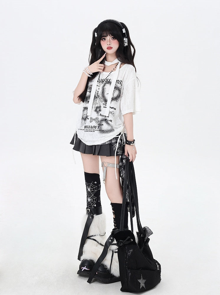 Black/White Drawstring Side Bowknots Print T-Shirt with Free Scarf