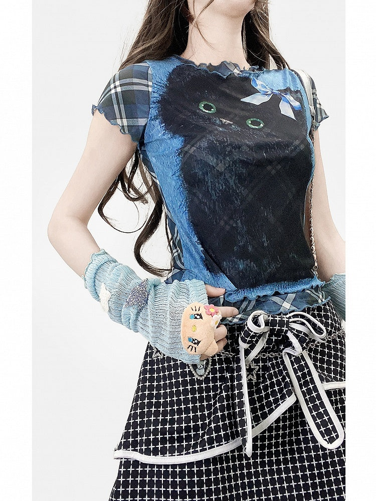 Plaid And Pattern Bittersweet Rolled Print Letter Cat Y2K Blue