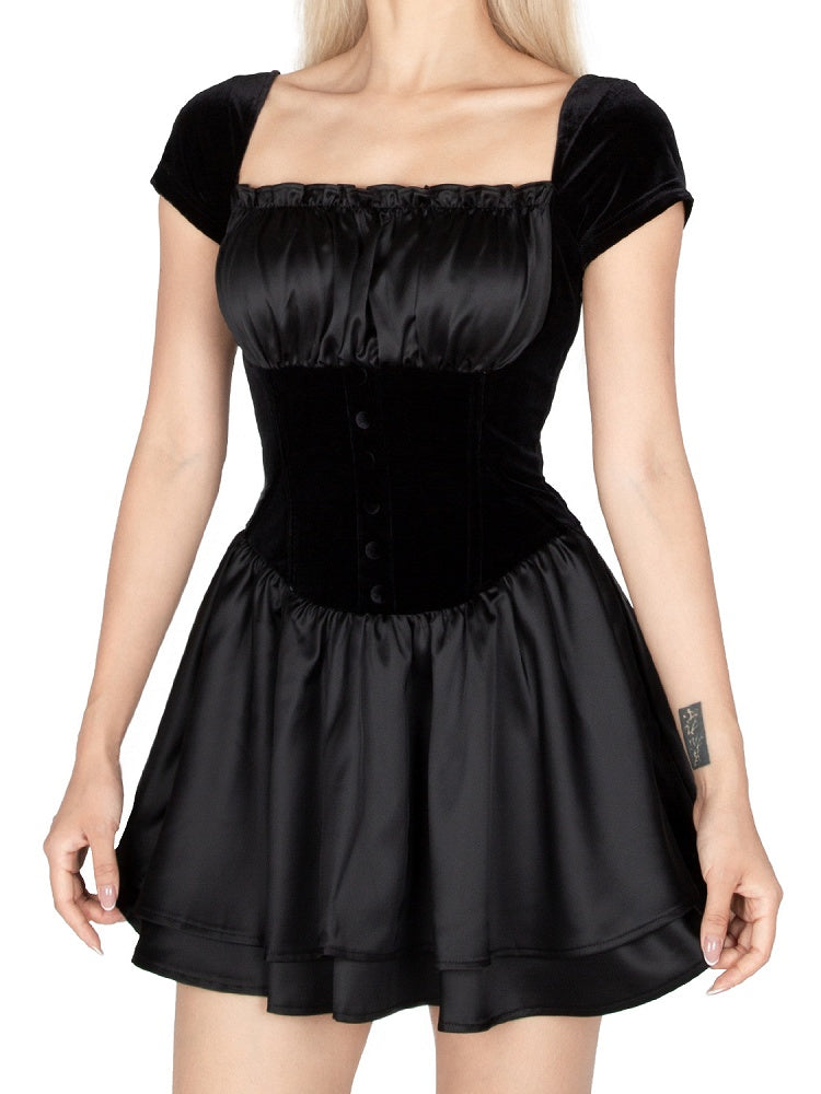 Black Velvet Square Neck Elegant Vintage Mini Dress