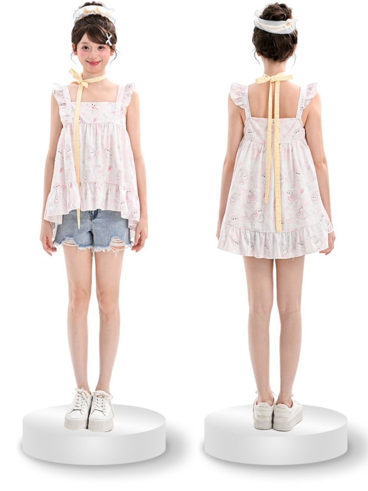 Print Sweet Pink Flutter Sleeves Allover Sleeveless Top Kitty